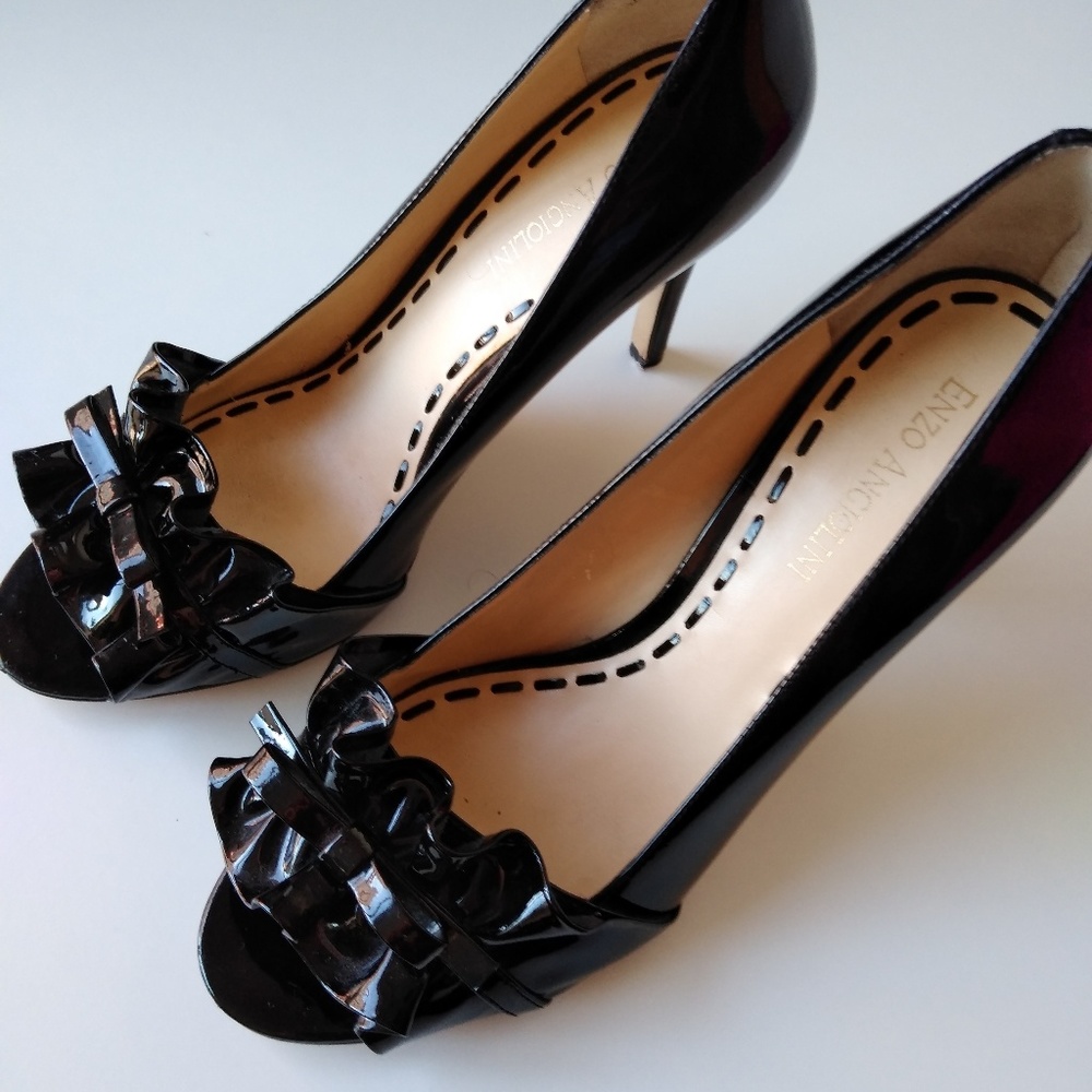Adorable Patent Leather Ruffle Bow Peep Toe Heels